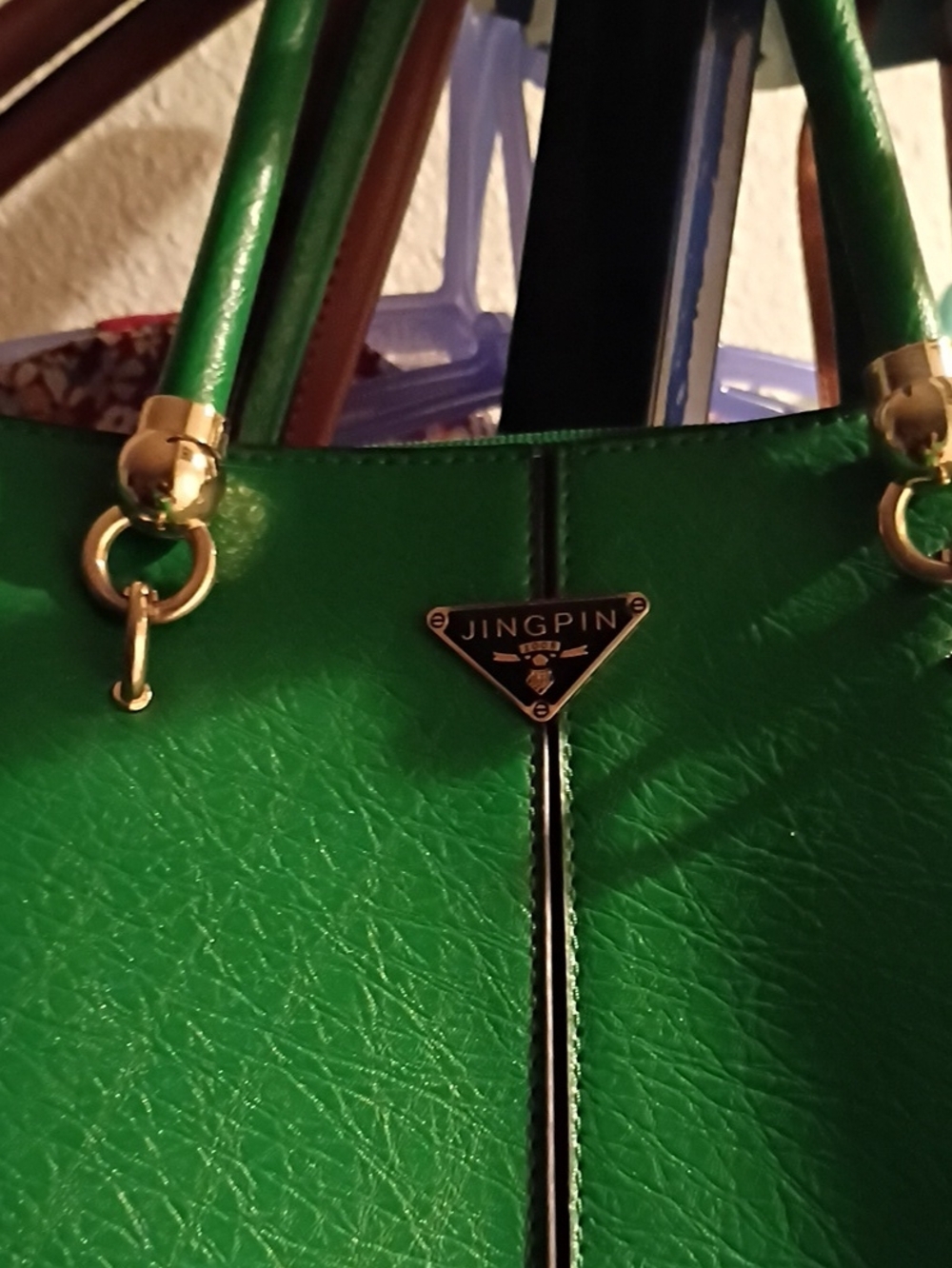 Green Shoulder Tote with Gold Hardware